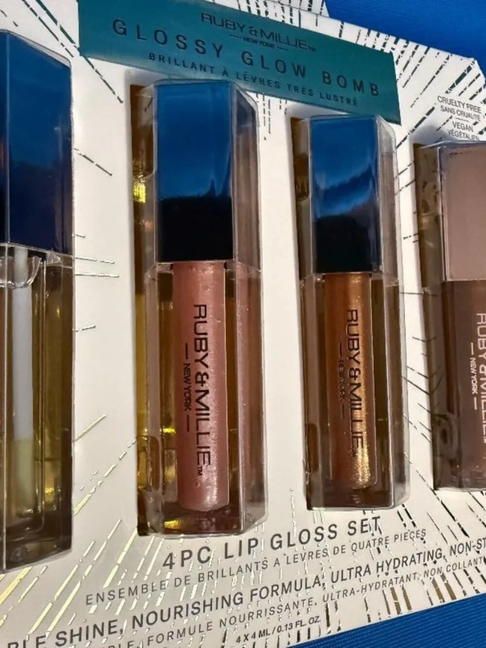 NEW RUBY & MILLIE NEW YORK 4 PK GLOSSY GLOW BOMB NOURISHING SHINE LIP GLOSS SET